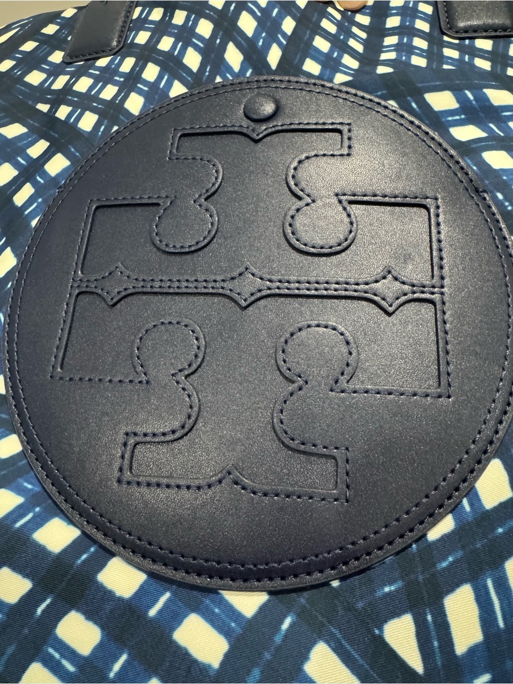 Tory Burch Navy blue and cream tote bag.